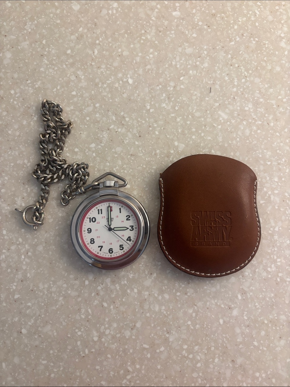 Swiss Army Pocket Watch with Chain - White Dial, Brown Leather Pouch